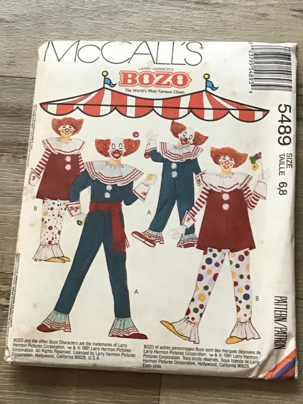 Vintage 1991 McCall’s Larry Harmon’s Bozo The Clown Sewing Pattern